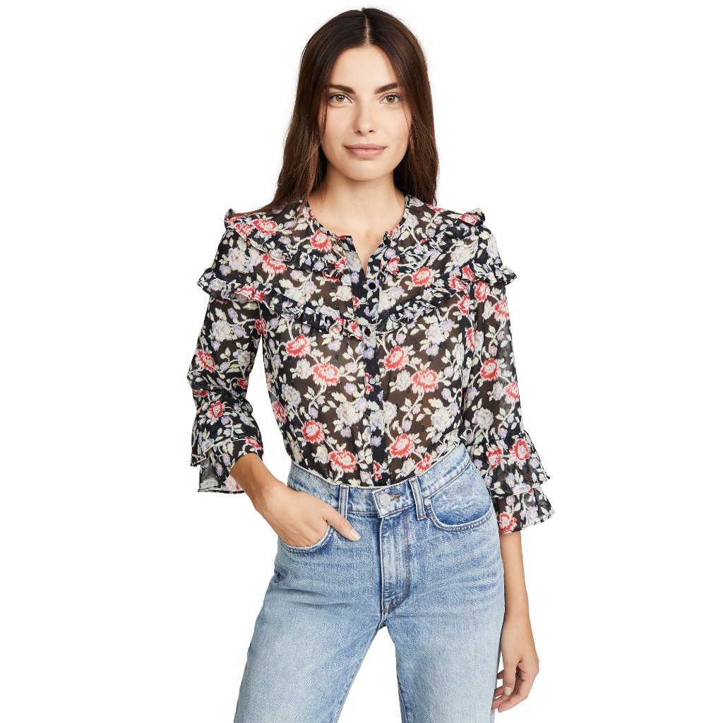 Nwt Womens Size Xs Shoshanna Black Floral Mamie Tiered Ruffle Blouse Top